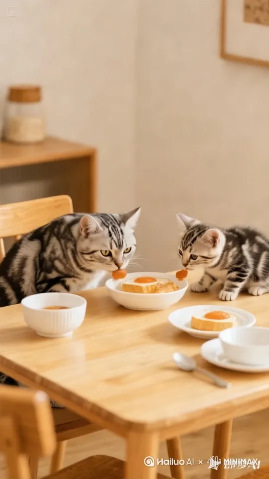 小猫说“爸爸，真好吃”  猫爸说“乖儿子，慢点吃，喜欢吃爸爸还给做” by Hailuo AI Video Generator