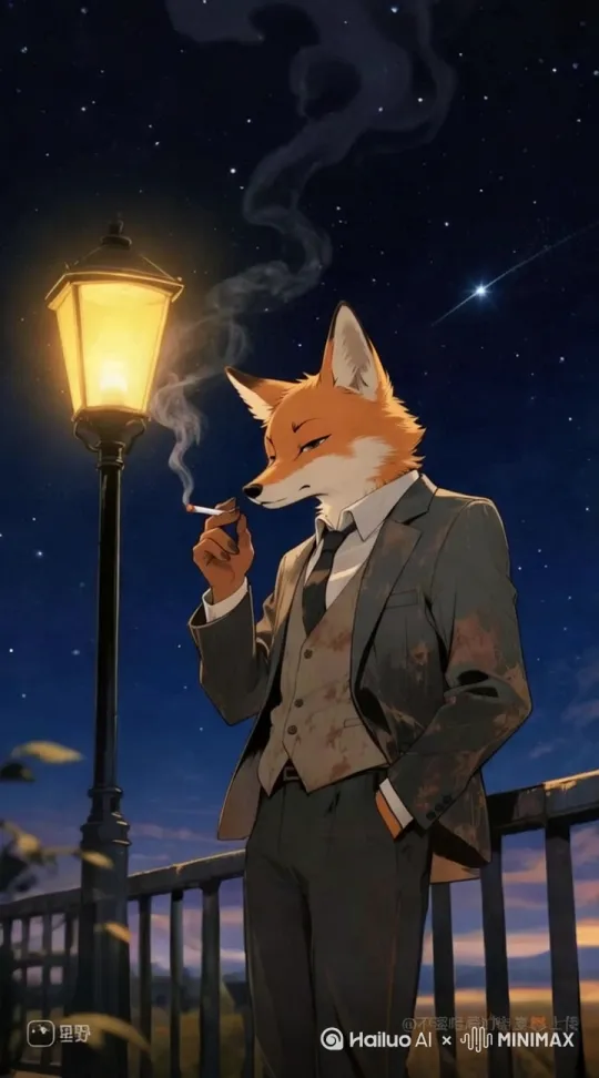 夜晚，老狐狸又开始闷闷地在路口抽烟消愁…… by Hailuo AI Video Generator