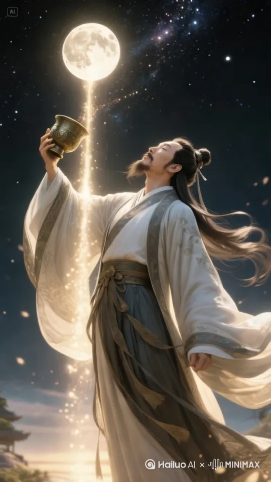 举杯邀明月，人物飘逸潇洒，月亮与星星流转 by Hailuo AI Video Generator