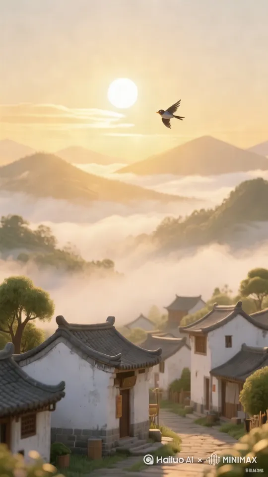 镜头慢慢横掠：淡入画面，清晨的阳光给天际线镀上金边，云雾缭绕的远山若隐若现，镜头下方露出小村庄的一角，白墙灰瓦错落有致 。 by Hailuo AI Video Generator