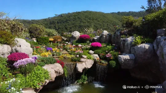 一座高高的悬崖上，隐藏着一个秘密花园，花园里有各种罕见的花卉和值物，中间有一个小型漾布流入一个清涉的池塘，四周族奇宕怪石环绕。 by Hailuo AI Video Generator