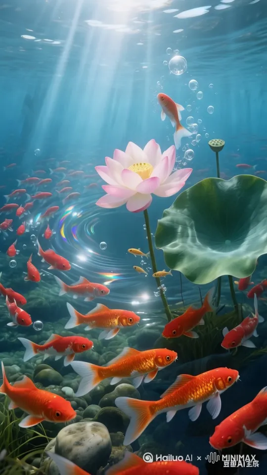 帮我生成一个视频：成千上万密密麻麻的鱼围绕着荷花转圈圈。比例 9:16。 by Hailuo AI Video Generator