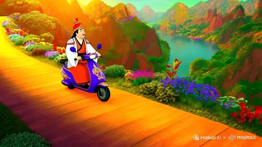 古代诗人李白穿着古装在烈日下骑着电动车送外卖，地点是河畔山路上，动漫风格，全景，欢快、奇幻，生动 by Hailuo AI Video Generator