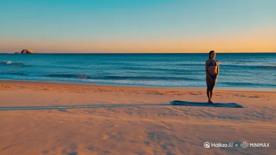 早晨，太阳初升，浪漫的沙滩上，性感的比基尼美女做瑜伽晨练 by Hailuo AI Video Generator