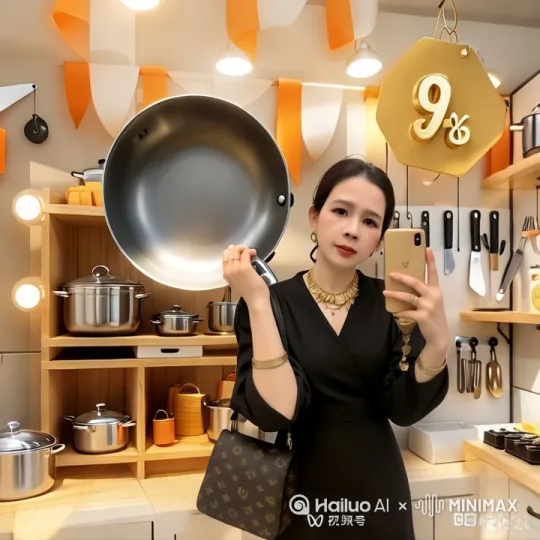 在分解这个锅的功能视频把手里的这个锅和人和嘴都要动起来做成伟杰厨具直播间分享给客户看 by Hailuo AI Video Generator