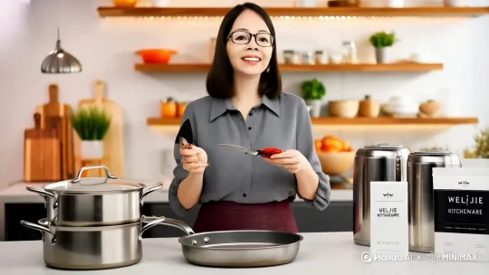 做成在伟杰厨具直播间播报卖厨具商品 by Hailuo AI Video Generator