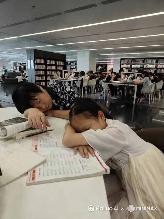 [推进,上升]父女俩图书馆看书睡着急，动态视频。可爱有趣，生动。 by Hailuo AI Video Generator