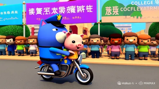 蓝色，嘴巴和肚子一块白色的卡通胖猫警察穿着警服，骑着摩托带着一个背着书包的卡通小猪，疾驰在两边都是人的马路 背景是两边马路拉上高考的条幅，人都站在两边看着 by Hailuo AI Video Generator