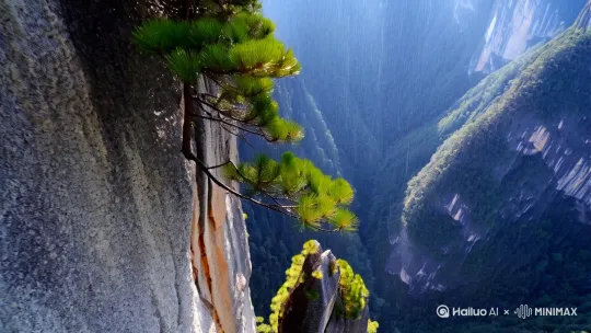 请生成一段展现张家界山谷场景的视频，时长约 [1] 分钟。画面中，细密的雨丝如银线般纷纷扬扬，聚焦一株贴崖生长的「张家界松」（或一丛蕨类植物），松针/叶片上的晨露折射微光，岩石纹理（石英砂岩的粗粝与风化痕迹）清晰可见；背景隐约透出青灰色峰林轮廓，光线透过薄雾柔化边缘，营造「微观与宏观」的视觉悬念。 by Hailuo AI Video Generator