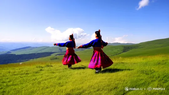 两个西藏美女在草原上跳舞 by Hailuo AI Video Generator