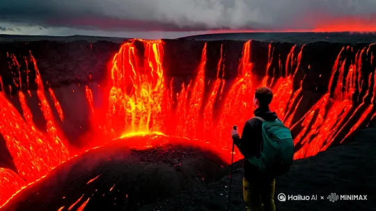 在一个巨大的黑色的火山口，红色的熔岩正在往外喷发，火山的上空是阴天，一个年轻的帅气的男人站在火山口的边上，他穿着一套登山装备，手里拿着登山杖，静静的看着火山口，画面是他的背影[下降,上摇] by Hailuo AI Video Generator