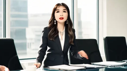 一位美女在一家IT公司做总裁，在会议室安排下属工作，布置下半年的任务，成功人士，电影质感。 by Hailuo AI Video Generator