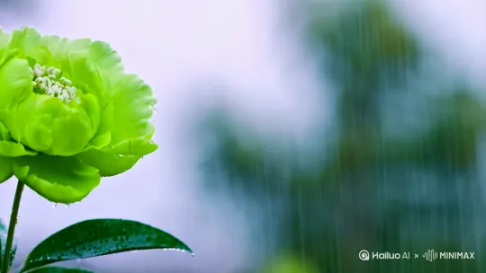 一两朵碧绿牡丹，雨中，左摇，右晃由包，绽放开来。 by Hailuo AI Video Generator