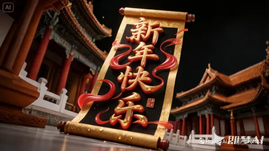 空中飘来一张圣旨，[左移,推进,右摇]逐步张开，新年快乐字体从不同方向合并在一竖排形成的，[左摇,变焦推进] by Hailuo AI Video Generator