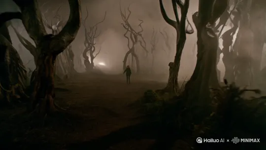 你身处迷雾之中，周围皆是怪异扭曲的枯木，不时有触手探出来，但被你手中的手电筒照到就惊恐的缩了回去，突然一只不可名状之物升起来，其躯体是一个巨大的血肉团块，上面生着黑色的鞭状触手。团块周遭还有巨大的嘴，从嘴里不断滴下绿色的粘液。在它的身体下方长着巨大的蹄子，可以借此站立。你被吓得跪在地上，口中喃喃自语的祈求 by Hailuo AI Video Generator