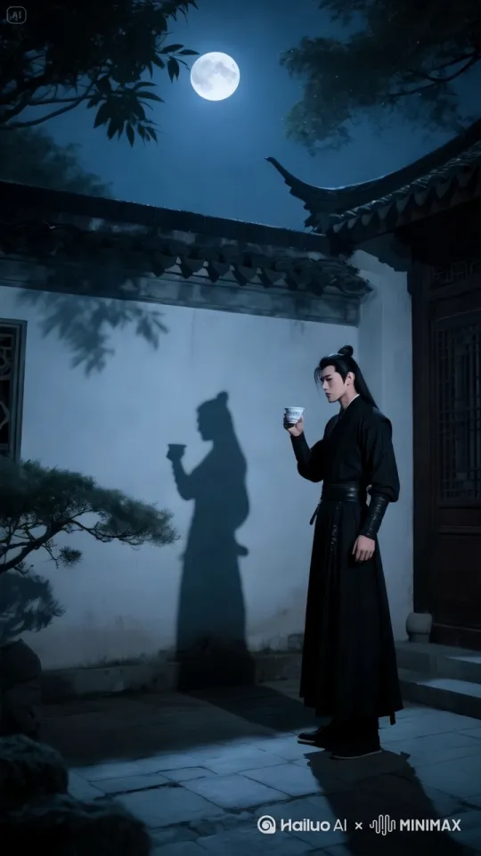 深夜，月光如水，侠客在庭院中对着自己的影子饮酒，影子与他举杯相和[左移,推进,右摇] by Hailuo AI Video Generator