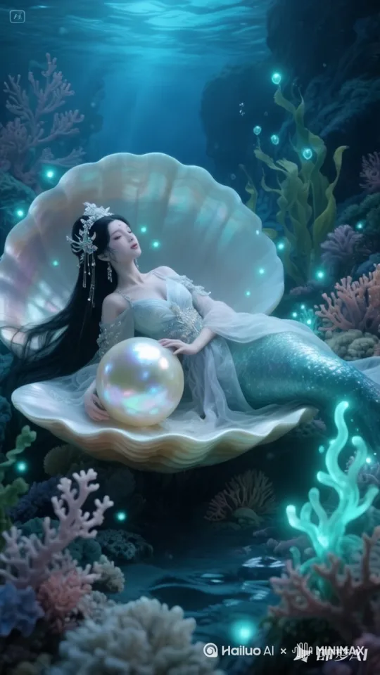 幽蓝深邃的海底世界，暗流在珊瑚礁丛间缓缓游弋。一只巨蚌在寂静中舒展贝壳，珍珠母质泛着温润的光晕。当蚌壳完全敞开，璀璨光芒瞬间划破深海的幽暗——其中竟裹着一位身披鎏金薄纱的绝美女子，她周身萦绕着细碎光粒，宛如星河凝于人身。

随着她纤手轻扬，蚌壳内的夜明珠化作流萤般的光点环绕身侧。她赤足踏着柔缓的水流，发丝如墨绸在水中飘动，身姿似飘摇的花瓣，在深海的寂静中徐徐浮现，神秘而优雅，仿佛从海底秘境中走出的精灵，为这片寂静的深海增添了一抹灵动与奇幻。 by Hailuo AI Video Generator