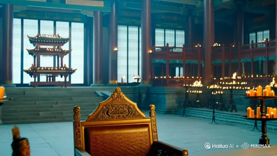 咸阳宫大殿，烛火摇曳，空荡的王座上，秦始皇（中年，冕旒半遮面）缓缓站起，走向高台，俯瞰天下地图。 by Hailuo AI Video Generator