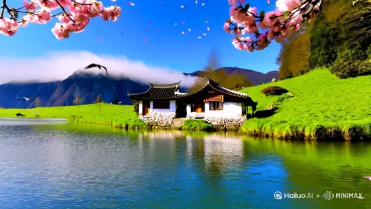 青山绿水环绕中一座古朴小茅屋，周围桃花盛开且花瓣随风飘落，远处山峦云雾缭绕天空湛蓝，几只鸟儿在茅屋上方欢快飞翔，春日清晨场景，全景风景摄影风格，全景镜头，清新、宁静氛围，写实修饰[拉远] by Hailuo AI Video Generator