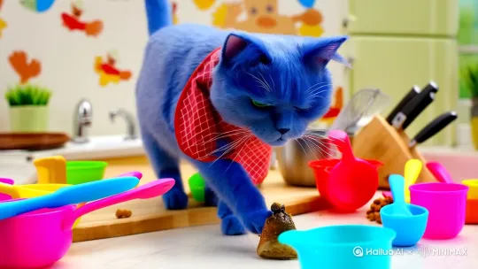 一只表情严肃的英国短毛蓝猫，系着超小的红色格纹围兜（松松地挂着），站在一个摆满微型厨具（塑料勺、小量杯）的料理台前。猫咪‘手忙脚乱’：用爪子拍打一根小鱼干（特写爪子拍打），不小心把几粒猫粮碰飞到地上（慢动作飞溅特效+搞笑失误音效），然后它停下来，皱着眉头盯着‘锅’（一个空的小奶锅）。背景是轻松滑稽的罐头笑声和切菜音效。安全提示：道具安全无害，无热源刀具。结尾：猫咪放弃似的把整个脸埋进旁边装满猫粮的大碗里开吃。卡通化渲染，色彩明亮。 by Hailuo AI Video Generator