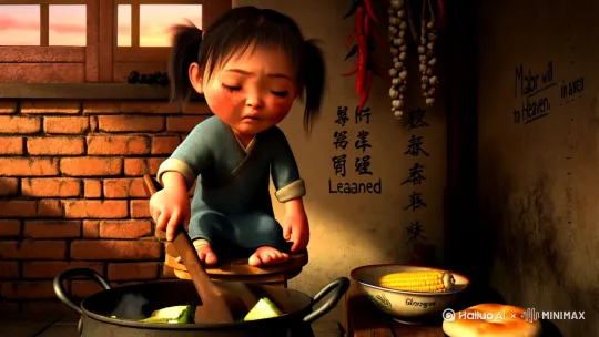 以下是为您设计的视频提示词（Prompt），结合中国现代3D动漫风格与情感细节，强化画面代入感：

核心提示词：

"中国现代3D动画风格，写实渲染但保留卡通灵动感，8K超清细节。镜头聚焦：一个七八岁的瘦小萝莉，穿着破旧打补丁的红色碎花棉袄，赤脚踩在摇晃的木凳上，踮着脚尖在土灶台前炒菜。她扎着凌乱的双马尾，小脸沾着煤灰却眼神专注，锅铲比她的手还大，铁锅里青菜和少量土豆丝滋滋作响。背景是昏暗的厨房，斑驳的砖墙挂着干辣椒，灶台边堆着柴火，窗外飘雪透过破窗纸落在她发梢。光线用暖色夕阳光从窗口斜射，突出蒸汽和浮尘，伴随锅铲碰撞声、柴火噼啪声和细微的吞咽口水声。"

增强代入感的关键细节：

1. 人物神态
   - 女孩嘴角微微下撇但努力抿住，表现隐忍的饥饿感
   - 炒菜时被油溅到缩一下手，又继续坚持的动作细节
2. 环境设计
   - 灶台角落有半个发硬的馒头，暗示食物匮乏
   - 墙上用炭笔画着身高标记，最新一道旁边写着"妈妈回来量"
   - 远处传来隐约的鞭炮声，暗示春节将至的对比感
3. 光影与镜头
   - 特写镜头：颤抖的小手紧握锅柄，指节发白
   - 动态光影：灶火映在她脸上忽明忽暗，睫毛在光线下投出阴影
   - 俯拍视角：突出她与灶台的高度差，强化幼小无助感
4. 中国元素点睛
   - 掉漆的搪瓷碗印着"劳动光荣"字样
   - 房梁悬挂风干的玉米和蒜辫
   - 灶神像褪色的对联只剩"上天言好事"半截

情感调动建议：

- 色彩对比：暖色灶火与冷色雪光交织，突出"温暖与艰辛"的冲突
- 声音设计：加入女孩哼跑调的《世上只有妈妈好》片段，突然被油爆声打断
- 镜头语言：结尾拉远镜头，透过破窗看到她盛菜时偷偷捏一片土豆塞进嘴里 by Hailuo AI Video Generator