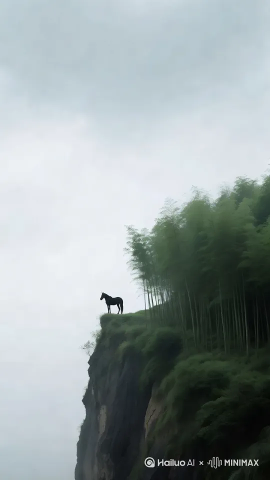 黑色的骏马在悬岩边，马的前足站起来，对天长啸，微风吹动竹林，固定镜头拍摄 by Hailuo AI Video Generator