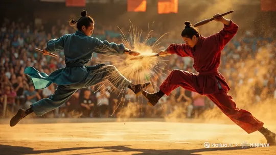 给我图片动起来打的激烈上下左右。空中翻转，空中飞纵，空翻一个空翻两个空。电影质感。 by Hailuo AI Video Generator