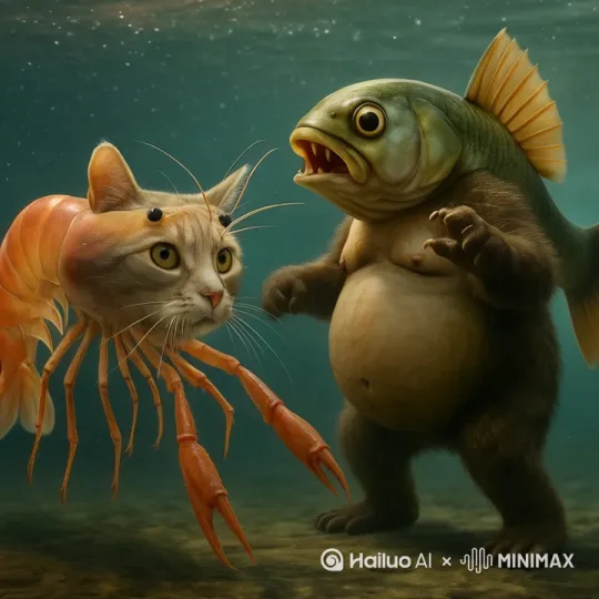 鱼扑倒猫，猫变的越来越大，鱼吐出垃圾，猫被打倒 by Hailuo AI Video Generator