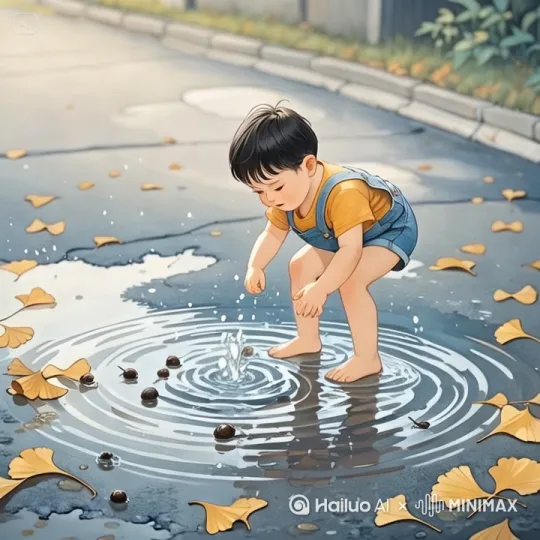 **分镜头8：雨后水洼嬉戏**  
「动态定格：雨靴踩进水洼刹那，飞溅的泥珠在空中凝成水晶状。倒影里映出孩子弯腰时后颈散落的胎发，水面漂浮着银杏叶与小甲虫，工笔勾线表现水纹涟漪的同心圆」[推出,上升,下摇] by Hailuo AI Video Generator