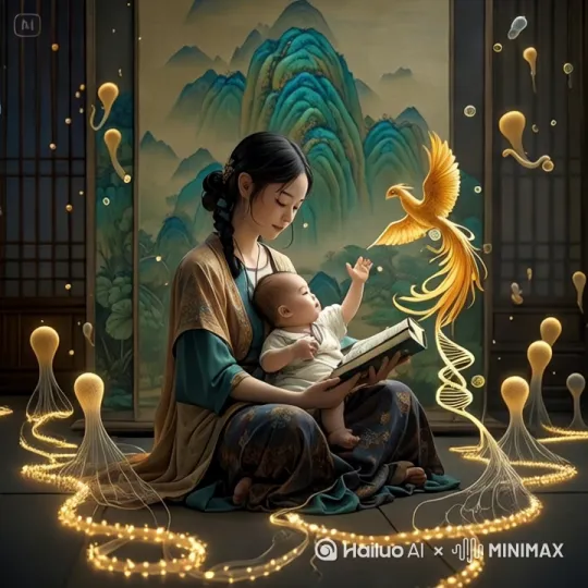 ### **分镜头9：菌群守护仪式**  
「超现实构图：母亲怀抱婴儿坐于巨幅青绿山水画前，无数发光菌丝从土地蔓延形成保护光晕。孩子掌心飞出工笔画风格的金色凤凰，喙部衔着DNA链与《本草纲目》书页」[左移,推进,右摇] by Hailuo AI Video Generator