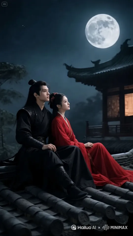 两人依靠在一起赏月，两人对视[拉远,上升,下摇] by Hailuo AI Video Generator