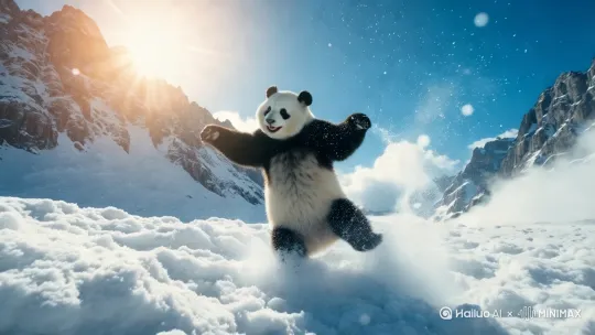 戴着太阳镜的毛茸茸的熊猫在日出时的雪山顶上跳舞，左移运镜 by Hailuo AI Video Generator