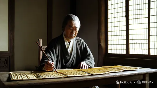 一位古代文人穿着朴素长袍坐在古色古香的书房内，手持毛笔专注书写，木桌上铺满竹简，自然光透过纸窗洒落，背景简约，近景呈现沉稳专注的氛围。 by Hailuo AI Video Generator