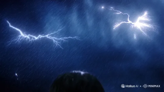**场景：哪吒站在悬崖边，面对狂风暴雨，背景电闪雷鸣**

**音乐：** 激昂的背景音乐，带有鼓点和弦乐，逐渐增强

**运镜：**

1. **开场（0-2秒）：**  
   - **镜头从天空俯冲下来**，穿过乌云和闪电，逐渐拉近到哪吒的背影。  
   - **音乐**：鼓点渐强，配合闪电的音效。

2. **中景（2-5秒）：**  
   - **镜头环绕哪吒**，展示他坚定的表情和紧握的拳头，背景是狂风和暴雨。  
   - **音乐**：弦乐加入，情绪逐渐升温。

3. **特写（5-8秒）：**  
   - **镜头推近到哪吒的脸部特写**，他的眼神充满决心，嘴唇微动，说出：“我命由我不由天！”  
   - **音乐**：鼓点和弦乐达到高潮，配合台词。

4. **全景（8-12秒）：**  
   - **镜头拉远**，展示哪吒站在悬崖边的全景，背景是电闪雷鸣的天空，他张开双臂，仿佛在迎接命运的挑战。  
   - **音乐**：音乐达到最高潮，随后戛然而止，留下余韵。

**结束：**  
画面定格在哪吒的背影，音乐渐弱，留下震撼的余韵。 by Hailuo AI Video Generator