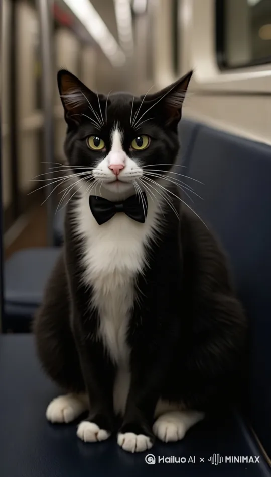 一只奶牛猫，有蝴蝶结，在地铁车厢，准备上班。
特写镜头，猫用爪子打了一个响指小猫在做饭 by Hailuo AI Video Generator