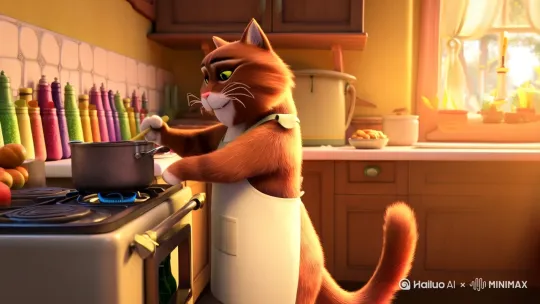 一只可爱的大猫在厨房做饭，等待孩子们放学吃饭 by Hailuo AI Video Generator