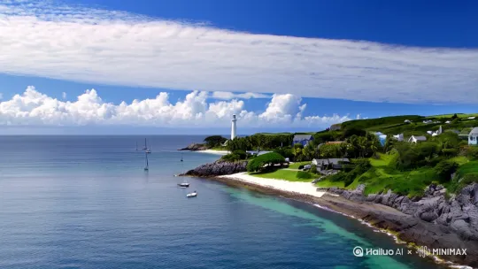 白天兰天白云海景，请根据爱尔兰民歌galway bay歌问作一段爱尔兰海景风光的视频，[推进,上升]，沿海岸向前旅游风光，有白色灯塔，房子，椰林，白沙滩，小帆船[推进,上升]最后高空环视美丽的海岛
[右摇,变焦推进] by Hailuo AI Video Generator