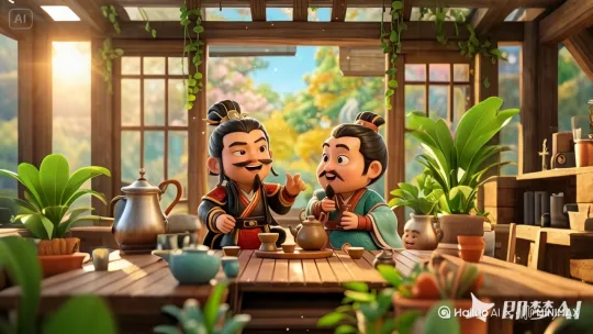 刘邦和萧何在一起喝酒，举起杯子痛快喝下去，站起来跳舞，哈哈大笑 by Hailuo AI Video Generator