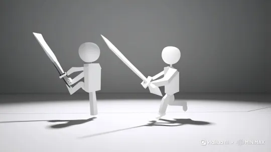 分镜1: 两个抽象矢量风格的火柴人在几何简约的灰白场景中展开武术对抗。左侧火柴人手持三节棍施展连环踢击后接横扫，右侧火柴人用军刀格挡时突然从背后抽出微型冲锋枪射击。中景构图采用低角度拍摄，冷兵器与热武器碰撞时擦出尖锐的几何形火花。 分镜2: 俯视镜头中两位武者跃至半空短兵相接，传统长矛与现代手枪形成十字交叉。左侧武者使出一套流畅的八卦掌连招压制对方，右手持枪者以巴西柔术技巧贴身缠斗。场景中不断闪现武器轨迹线，冷色调灯光与金属反光强化矢量美术风格。 by Hailuo AI Video Generator