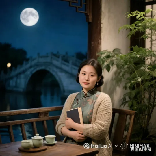 镜头由远到近，视频里面的女子对着镜头微笑，旁边树木随风轻轻晃动 by Hailuo AI Video Generator