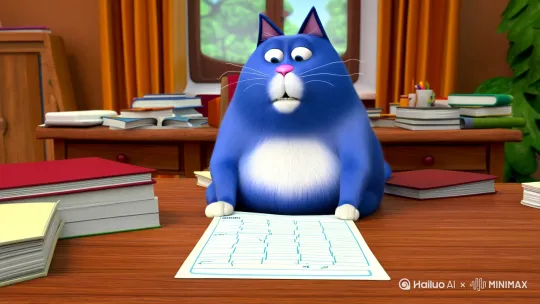 蓝色胖猫在桌子前面学习突然桌子上的数学试卷爆炸了吧胖猫炸飞出去了[推进,上升] by Hailuo AI Video Generator
