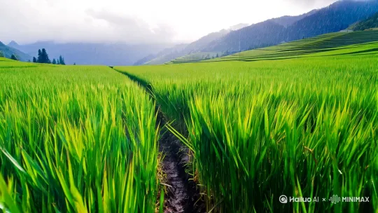 分镜1: 青翠稻穗在细密雨幕中微微摇曳，水珠顺着叶片滑落浸润土壤。摄像机静止拍摄梯田层叠的近景构图，自然光穿透雨帘形成柔光，湿润空气中稻浪与远山轮廓交织出清新生机。

分镜2:峭壁间雪白瀑布飞流直下，撞击岩石激起的雾状水珠在阳光中折射虹彩。摄像机拉远展现峡谷全貌，远景构图中层层叠瀑如银链垂落深潭。自然光穿透水雾形成散射光晕，捕捉水流奔腾的雄浑动态。 分镜3: 碧绿高山湖泊表面漾起细密涟漪，倒映着云朵掠过杉树林的影踪。摄像机推进拍摄水面浮萍轻摇的特写，浅景深突显蜻蜓点水泛开的同心圆。柔和的逆光中湖水泛着琥珀色光泽，定格自然水体静谧的治愈力量。 by Hailuo AI Video Generator