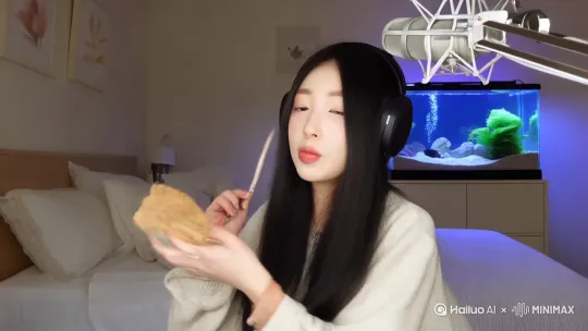 帮我根据这个图片场景创作一期声控助眠视频，声音类型包括吸管音，敲牙齿音，搓手音，敲击木块的声音，模拟下雨，敲击蜡布，视觉引导手势口腔音，捏捏的声音，抓挠皮肤，敲击美甲，亲吻麦克风的声音等等，还有轻语模拟在鱼缸里说话的声音，咬脆脆薯片的声音…………开头小声轻语说哈喽宝宝们晚上好，我是虚拟青蛙猪，今天由我来给大家助眠……接下来大家戴上耳机安静享受吧。所有项目加起来视频总时长5分钟左右，声音效果为左右声道的环绕音，速度不要太快缓和一些 by Hailuo AI Video Generator