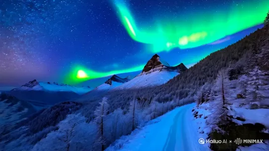 帮我制作一个视频极光的星空，远处是雪山近处是山间小路。镜头一直前进速度慢，小路旁边还有小树，4k画质 by Hailuo AI Video Generator