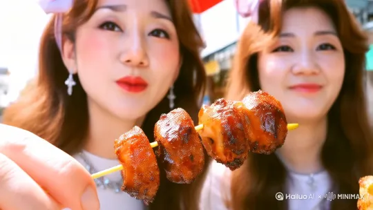 4. 镜头 4：品尝美味
景别：特写
画面：老板将烤好的肉串递给闺蜜二人，她们迫不及待地接过，轻轻咬上一口，鲜嫩多汁的肉在口中散开，香料的味道恰到好处。两人脸上瞬间洋溢出无比满足的神情。
台词：闺蜜 B（满足地眯起眼睛）：“嗯~这肉串外焦里嫩，香得很呐！”闺蜜 A（边嚼边点头）：“是啊是啊，不枉咱们寻了这么久。” by Hailuo AI Video Generator