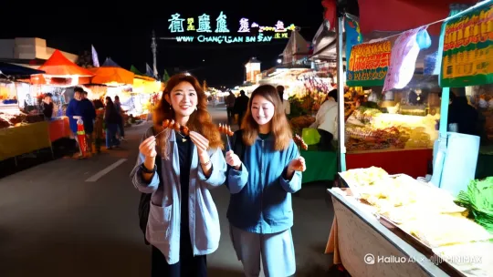 镜头 5：满足漫步
景别：远景
画面：闺蜜二人手拿着肉串，边吃边漫步在夜市中。月光洒在她们身上，身后是热闹非凡的长安街景夜市，灯火辉煌，人来人往。两人时不时交谈几句，笑容满面。
台词：闺蜜 A（开心）：“阿妹，今日这烤肉串吃得可真畅快，改日咱们还来。”闺蜜 B（点头赞同）：“好呀，阿姊，这夜市有趣的很呢！” by Hailuo AI Video Generator