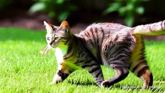 一只狸花猫在草坪上玩耍的视频 by Hailuo AI Video Generator