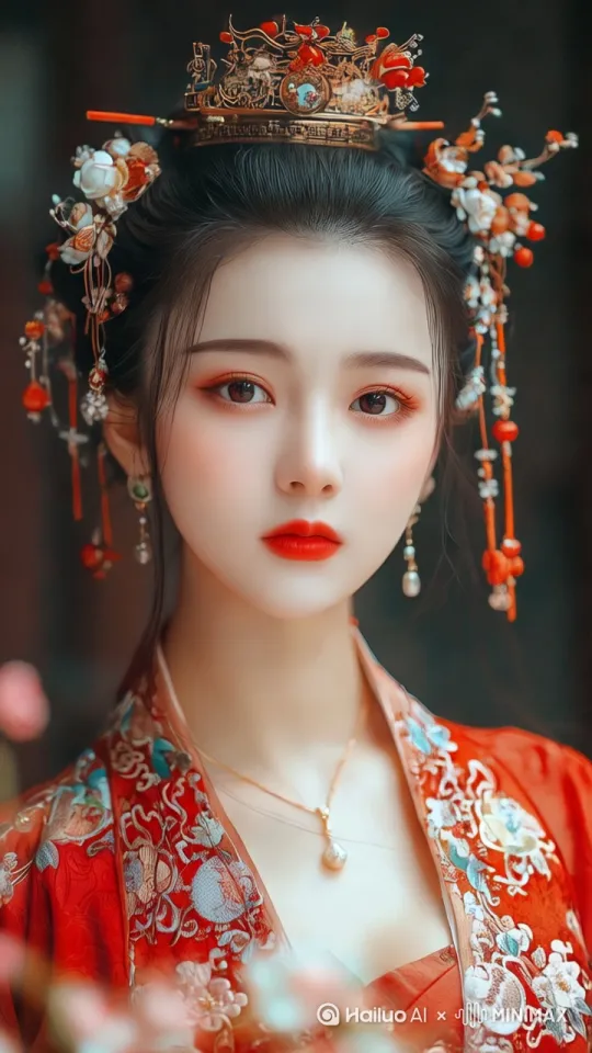 身着古典服饰的女子手持团扇缓步走过雕花木窗，面带妩媚微笑，珠帘随步伐轻轻摇曳，海棠花瓣从枝头飘落，阳光为刺绣长袍镀上柔光，固定镜头。 by Hailuo AI Video Generator