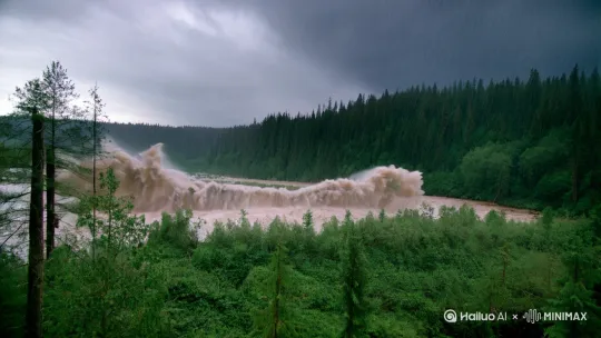 帮我生成天气是下雨天洪水组成的 山洪浑浊水直接从森林边缘的河流直接冲过来将森林的树木拦腰截断 by Hailuo AI Video Generator
