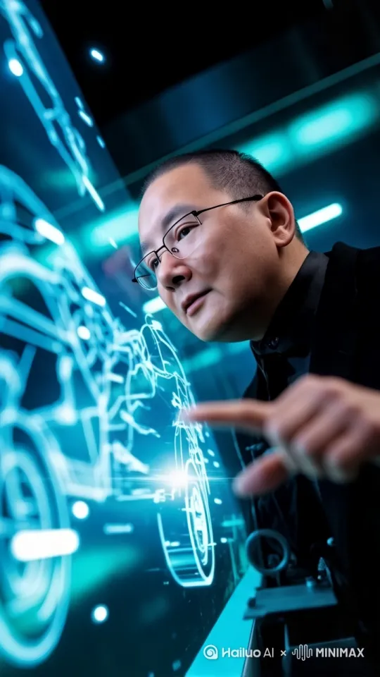 [左移,推进,右摇]虚拟屏幕的汽车元素挨个从左到右出现，男人滑动，有时点击，有时观望，会意地点头 by Hailuo AI Video Generator
